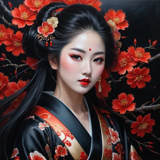 Prompt: Realistic oil painting of an 18-year-old Japanese goddess of death, traditional oil painting, flowing black kimono with intricate red floral patterns, ethereal and otherworldly beauty, haunting and mysterious aura, detailed facial features, flowing ebony hair, glowing red eyes, soft and atmospheric lighting, best quality, highres, ultra-detailed, realistic, Japanese mythology, detailed features, traditional, haunting beauty, ethereal, atmospheric lighting