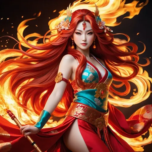 Prompt: Full body Japanese fire goddess, long flowing red hair, traditional garment, detailed ornate accessories, glowing eyes, vibrant flames, dynamic pose, high quality, vibrant colors, traditional art style, warm tones, dramatic lighting