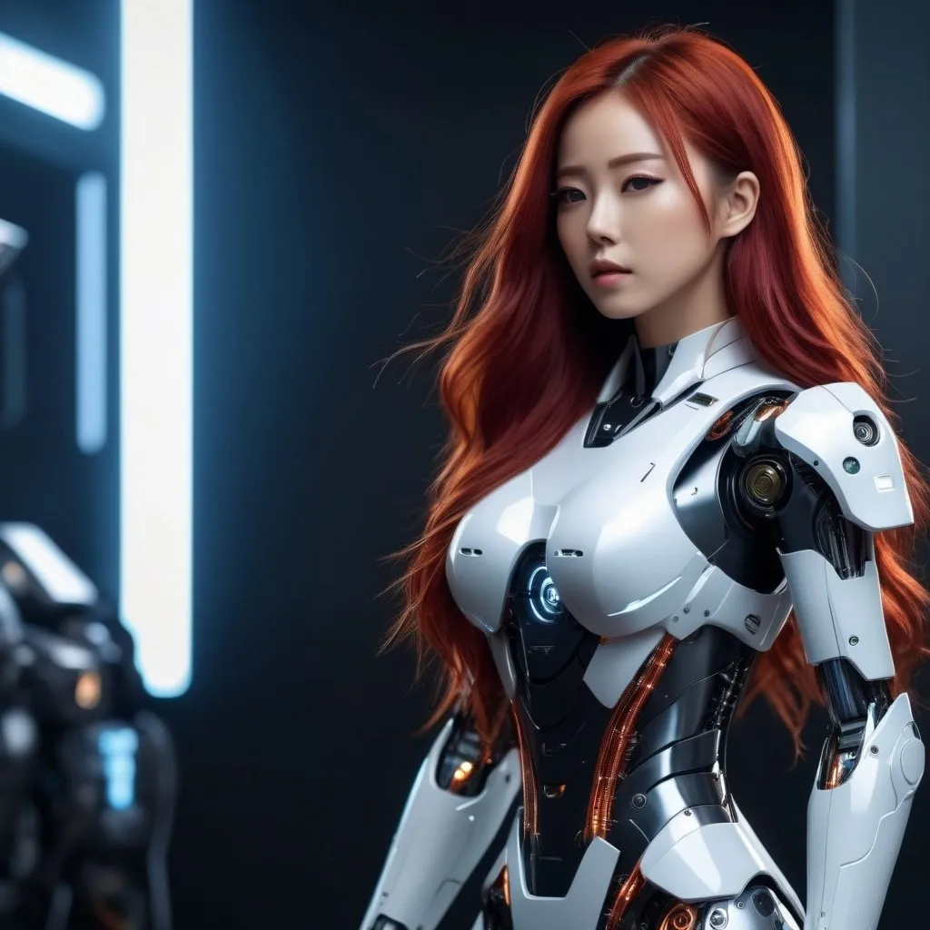 Prompt: Realistic full body Japanese girl, long red hair, detailed robot transformation, 4k, ultra-detailed, realistic, cybernetic, detailed hair, futuristic, professional, atmospheric lighting