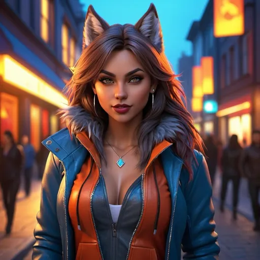 Prompt: Realistic 3D rendering of a confident werewolf girl, vibrant urban street setting, high quality, 3D rendering, urban fantasy, detailed features, vibrant colors, modern city lighting