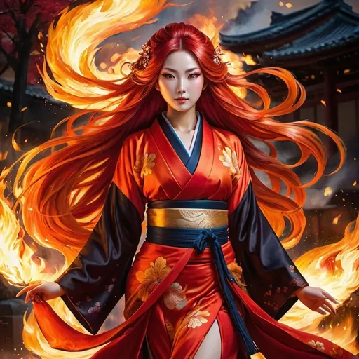 Prompt: Full body Japanese fire goddess with long, flowing red hair, traditional Japanese attire, vibrant flames in background, detailed facial features, intense and powerful, oil painting, vibrant colors, high quality, traditional, fiery atmosphere, glowing embers, detailed eyes, flowing hair, powerful presence