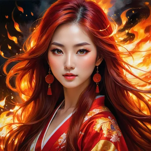 Prompt: Japanese girl with long, flowing red hair, fire goddess, traditional Japanese attire, vibrant flames in background, detailed facial features, intense and powerful, oil painting, vibrant colors, high quality, traditional, fiery atmosphere, glowing embers, detailed eyes, flowing hair, powerful presence