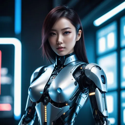 Prompt: Full body beautiful Japanese female android, humanoid robotic body, 4k, ultra-detailed, futuristic, cyberpunk, sleek design, detailed features, robotic skin texture, anime style, cool tones, atmospheric lighting, high-tech accessories, striking pose, professional rendering