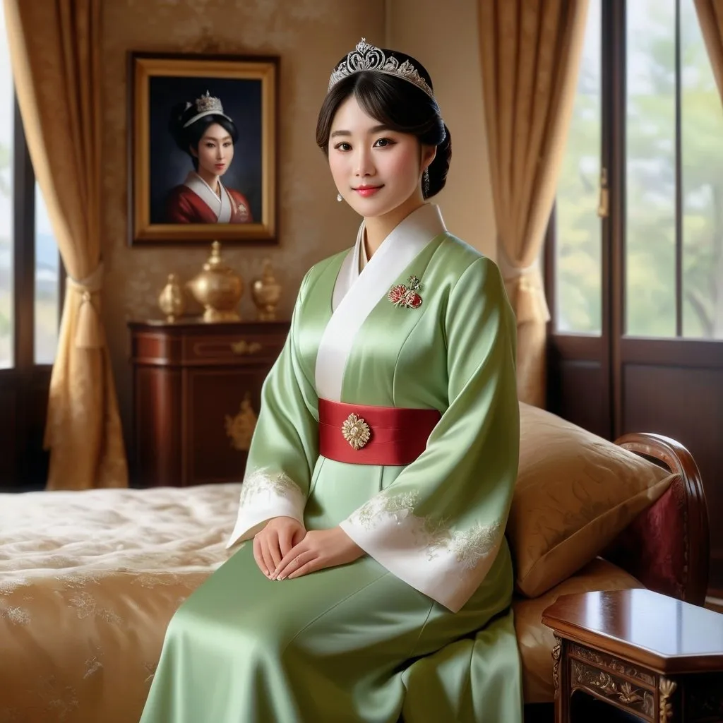 Prompt: Realistic oil painting of Princess Mako Komuro, full body, in a bedroom, elegant and serene atmosphere, rich warm tones, soft natural lighting, detailed facial features, royal attire, high quality, oil painting, realistic, full body, detailed facial features, elegant atmosphere, warm tones, soft lighting, bedroom setting, royal attire, professional