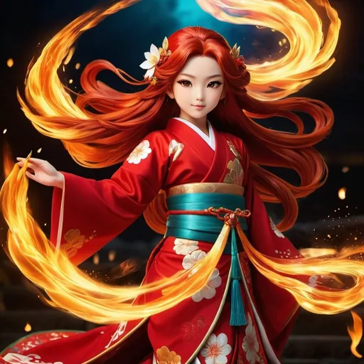 Prompt: Full body 9-year-old Japanese fire goddess, long flowing red hair, traditional garment, detailed ornate accessories, glowing eyes, vibrant flames, dynamic pose, high quality, vibrant colors, traditional art style, warm tones, dramatic lighting