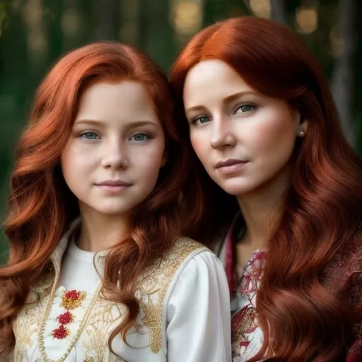 Prompt: Hyper-realistic, full-body, 11-year-old daughter and mother, elaborate red hair, high quality, detailed, realistic, portrait, elaborate hair, mother-daughter bond, lifelike, natural lighting, detailed clothing, realistic skin tones, emotional expression, traditional art style, soft and warm tones
