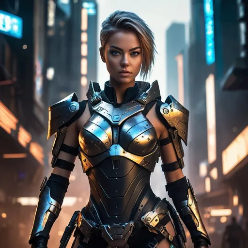 Prompt: High-resolution digital painting of a 18-year-old cybernetic female warrior, metallic finish on limbs and armor, intense and determined gaze, post-apocalyptic urban setting with advanced technology, dynamic action pose, futuristic lighting and ambiance, detailed and intricate design, cinematic quality, cyberpunk, action-packed, metallic finish, intense gaze, post-apocalyptic, futuristic lighting, dynamic pose, detailed design, cinematic quality