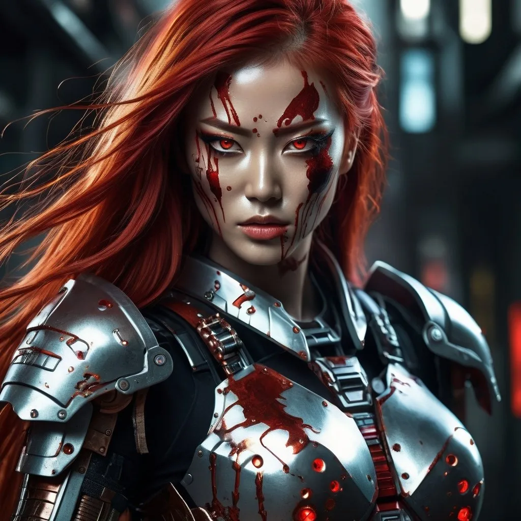 Prompt: High-res dhorror igital painting, Japanese cybernetic female warrior, long red hair, metallic finish on limbs and armor, turning into zombie, intense and dramatic transformation, cyberpunk, futuristic, detailed eyes, metallic armor, red hair, zombie transformation, high quality, digital painting, cybernetic, dramatic lighting