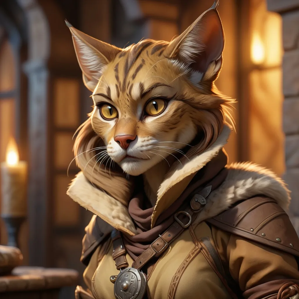 Prompt: Hyper-realistic full body illustration of a female tabaxi rogue, detailed fur with warm highlights, curious and cunning gaze, DnD, professional, fantasy, intense gaze, warm-toned, atmospheric lighting, hyper-realistic, tabaxi, rogue, detailed eyes, fantasy setting, professional quality