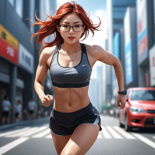 Prompt: Realistic full body illustration of a 25-year-old Japanese girl with glasses, strong arms, six-pack, strong legs, athletic physique, dynamic pose, long red hair, glasses, urban setting, detailed, athletic, Japanese, running, high quality, realistic, dynamic, urban, detailed physique, intense gaze, professional, natural lighting