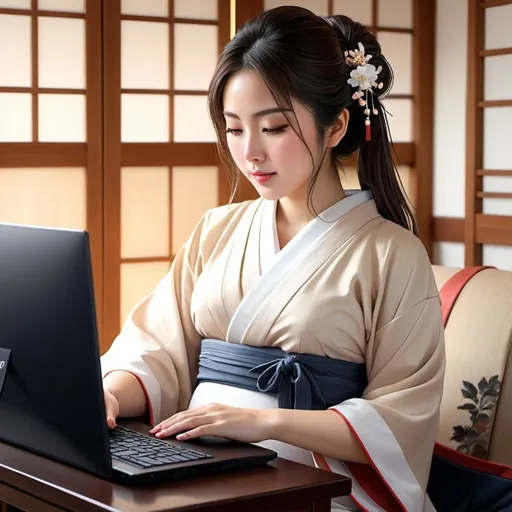 Prompt: Realistic pregnant Japanese girl playing on PC, digital painting, traditional Japanese attire, authentic facial features, realistic lighting, high quality, detailed digital art, soft color palette, focused expression, traditional clothing, modern technology, peaceful atmosphere, realistic, detailed, traditional Japanese, cozy, digital painting, peaceful ambiance, focused expression, modern technology, soft color palette, authentic facial features