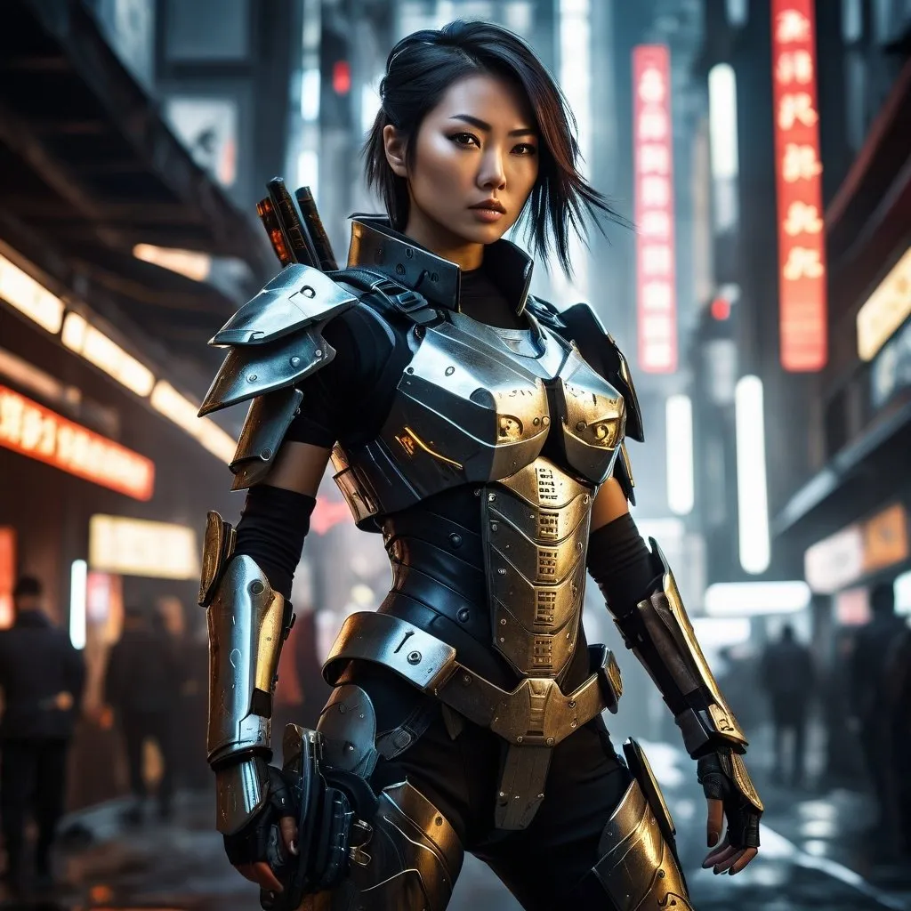 Prompt: High-resolution digital painting of a 28-year-old japanese cybernetic female warrior, metallic finish on limbs and armor, intense and determined gaze, post-apocalyptic urban setting with advanced technology, dynamic action pose, futuristic lighting and ambiance, detailed and intricate design, cinematic quality, cyberpunk, action-packed, metallic finish, intense gaze, post-apocalyptic, futuristic lighting, dynamic pose, detailed design, cinematic quality