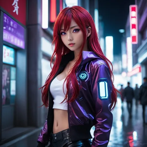 Prompt: Full body Japanese girl with glowing purple eyes, long glowing red hair, urban setting, anime, sci-fi, cool tones, futuristic urban setting, detailed eyes, sleek design, atmospheric lighting, highres, ultra-detailed, professional, red clothing