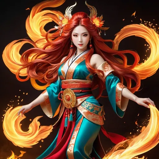 Prompt: Full body Japanese fire goddess, long flowing red hair, traditional garment, detailed ornate accessories, glowing eyes, vibrant flames, dynamic pose, high quality, vibrant colors, traditional art style, warm tones, dramatic lighting