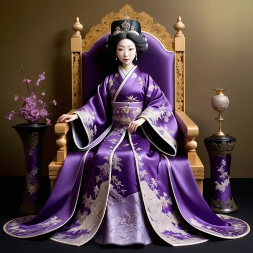 Prompt: Realistic, elegant Japanese queen in throne room, rare purple dress, satin material, intricate lace details, delicate embroidery, high quality, realistic, regal, detailed, satin, elegant, Japanese, queen, throne room, rare, purple dress, intricate lace, delicate embroidery, royal, luxurious, realistic lighting