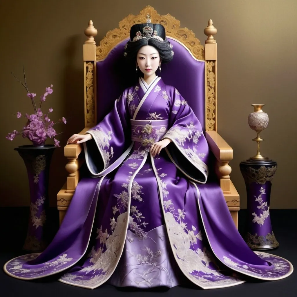 Realistic, elegant Japanese queen in throne room, ra...