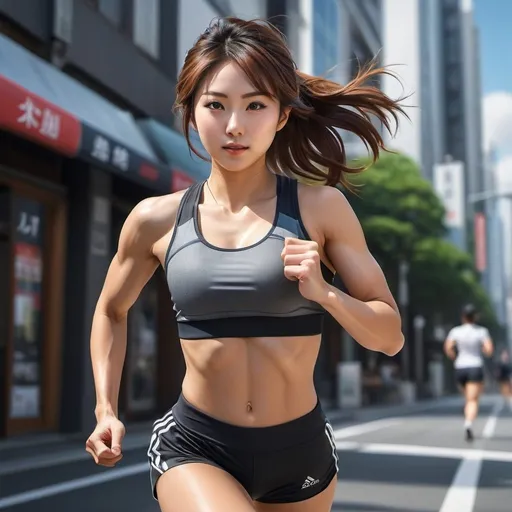 Prompt: Realistic full body illustration of an 25-year-old Japanese girl, strong arms, sixpack, strong legs, detailed, athletic physique, urban setting, professional, realistic, detailed, athletic, Japanese, strong arms, sixpack, strong legs, urban, natural lighting, running, detailed, realistic, dynamic pose