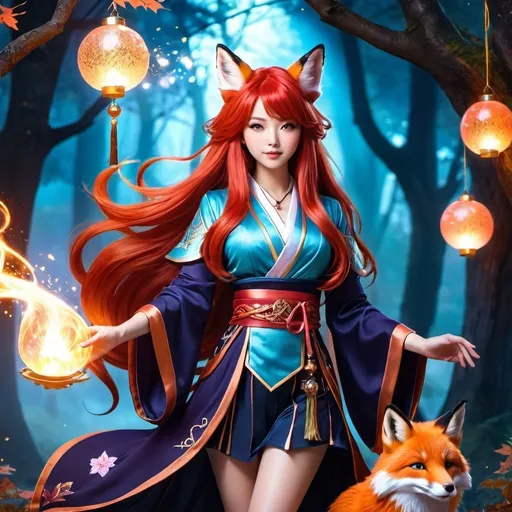 Prompt: Full-body illustration, long red hair, Japanese girl sorcerer, magical aura, witch clothes, fox ears, casting spell, highres, detailed, fantasy, mystical, vibrant color tones, magical lighting