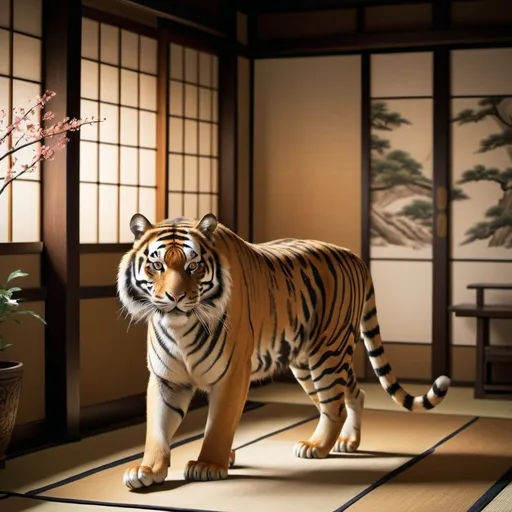 Prompt: Realistic Tiger walking in Japanese room, detailed fur with rich texture, traditional Japanese setting, realistic, high quality, detailed, tiger, Japanese room, traditional, rich texture, detailed fur, realistic, atmospheric lighting