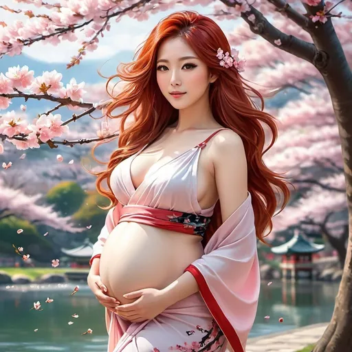 Prompt: Hugely pregnant Japanese girl with long flowing red hair, full body digital painting, high quality, realistic, romantic style, detailed eyes, serene expression, cherry blossom backdrop, soft and warm lighting, vibrant colors, professional, ultra-detailed, digital painting, romantic style, traditional, realistic, serene atmosphere, cherry blossom scenery, vibrant colors, flowing hair, detailed artwork