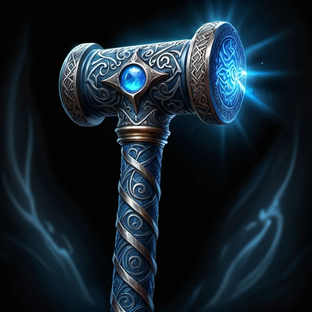 Prompt: High-quality, detailed illustration of the hammer The Throngler, mythical weapon, ancient runes, intricate engravings, ethereal glow, fantasy art, detailed hilt and guard, glowing blue aura, intense and dramatic lighting, epic, ultra-detailed, fantasy, ancient, magical, intricate details, radiant blue aura, ethereal, professional craftsmanship