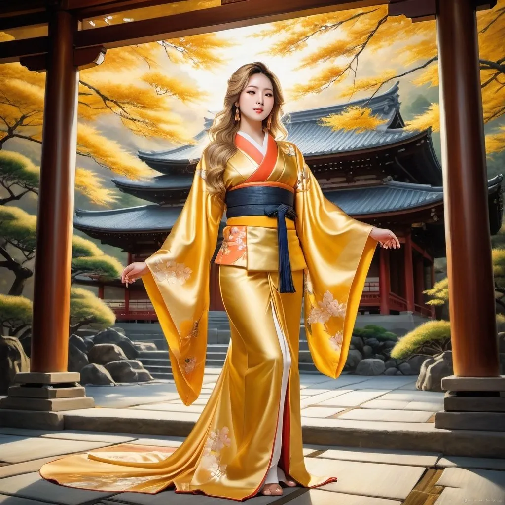 Prompt: Realistic full body oil painting, Japanese goddess, long golden hair, temple setting, inside, high quality, traditional, serene, golden lighting, detailed kimono, ethereal presence, intricate temple architecture, peaceful ambiance, goddess-like beauty, oil painting, ancient, historical, gold and earthy tones, tranquil atmosphere