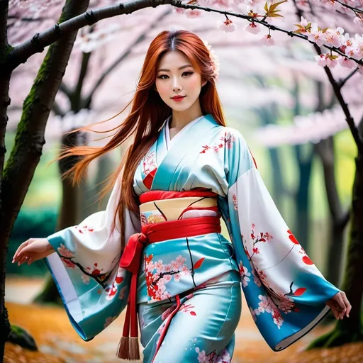 Prompt: Japanese girl in a kimono, serene forest setting, full-body shot, long red hair, open eyes, detailed, traditional Japanese art style, vibrant colors, peaceful atmosphere, cherry blossom trees, elegant pose, long flowing sleeves, serene expression, atmospheric lighting, professional