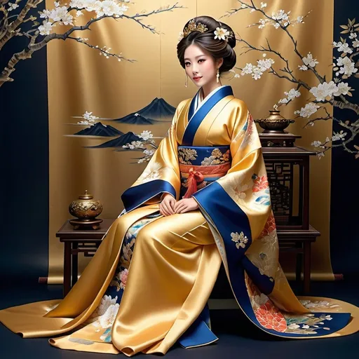 Prompt: Realistic full body Japanese princess, elaborate royal clothing, intricate traditional details, rich and vibrant royal colors, high-quality, traditional painting, royal attire, detailed embroidery, regal demeanor, ornate kimono design, luxurious fabrics, gold accents, elegant posture, flowing silk fabric, professional, traditional, exquisite lighting