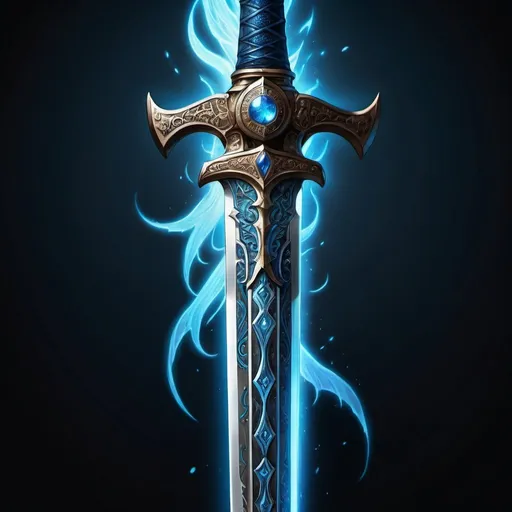 Prompt: High-quality, detailed illustration of the sword Throngled, mythical weapon, ancient runes, intricate engravings, ethereal glow, fantasy art, detailed hilt and guard, glowing blue aura, intense and dramatic lighting, epic, ultra-detailed, fantasy, ancient, magical, intricate details, radiant blue aura, ethereal, professional craftsmanship
