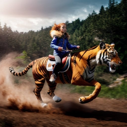 Prompt: Hyper-realistic, full-body 11-year-old girl and tiger, elaborate red hair, girl running away from tiger, detailed eyes, intense and focused gaze, highres, ultra-detailed, realistic, detailed fur, detailed environment, dynamic composition, dramatic lighting
