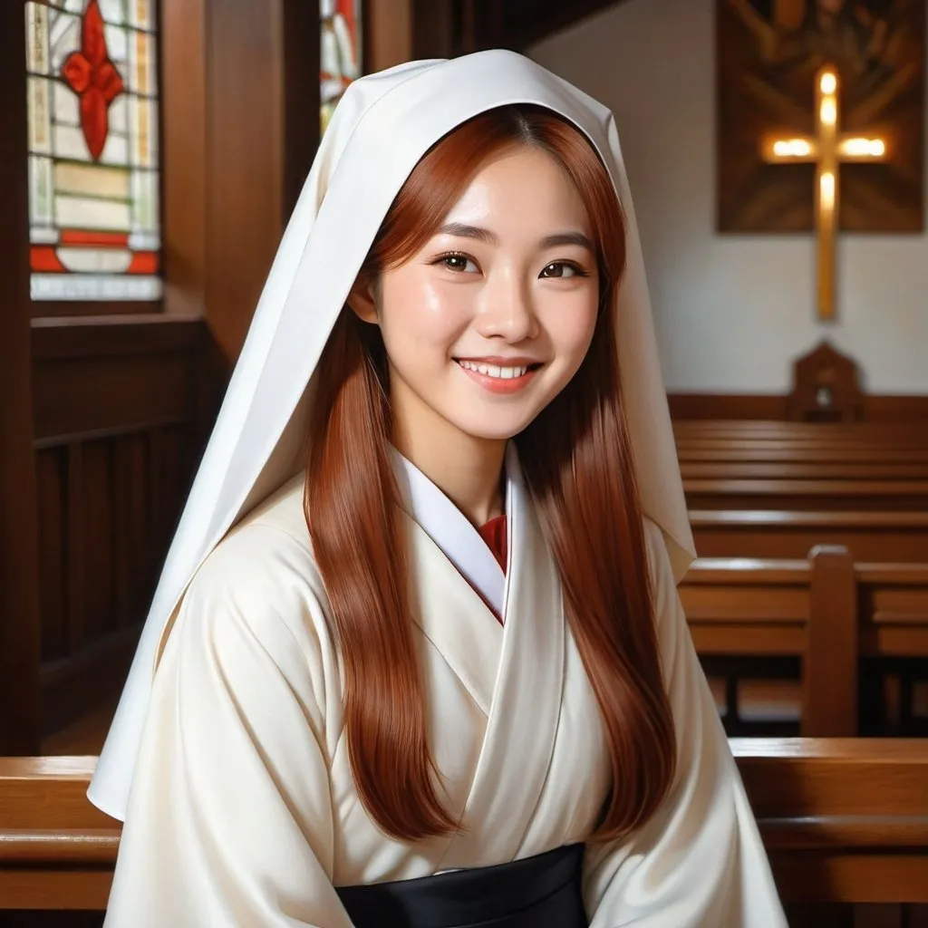 Prompt: Realistic oil painting of an 18-year-old Japanese nun, detailed nun's clothing, innocent expression, genuine smile, high quality, church interior, warm lighting, realistic, detailed, long red hair, 18-year-old, Japanese, nun, oil painting, genuine smile, innocent expression, detailed clothing, church, high quality, warm lighting
