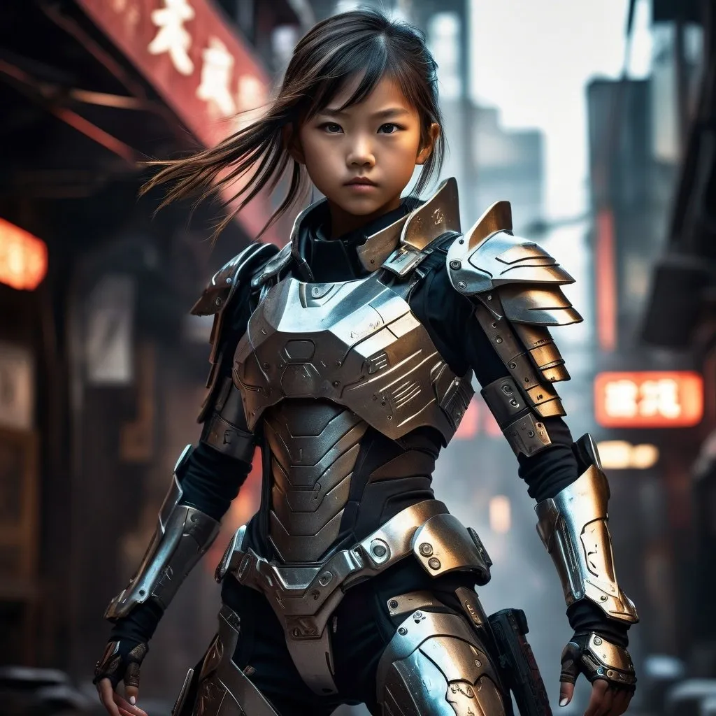 Prompt: High-resolution digital painting of a 8-year-old japanese cybernetic female warrior, metallic finish on limbs and armor, intense and determined gaze, post-apocalyptic urban setting with advanced technology, dynamic action pose, futuristic lighting and ambiance, detailed and intricate design, cinematic quality, cyberpunk, action-packed, metallic finish, intense gaze, post-apocalyptic, futuristic lighting, dynamic pose, detailed design, cinematic quality