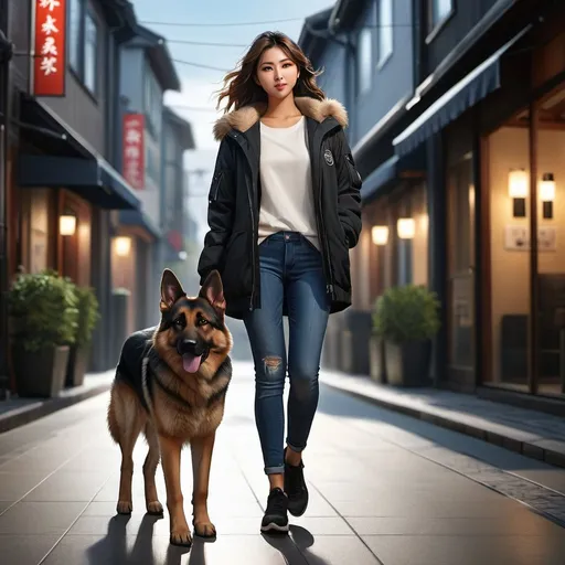 Prompt: Realistic full body illustration of 18-year-old Japanese girl, german shepherd, urban setting, detailed hair and fur, high quality, realistic, detailed, urban, Japanese, german shepherd, 18-year-old, detailed hair, detailed fur, full body, professional, atmospheric lighting, walking