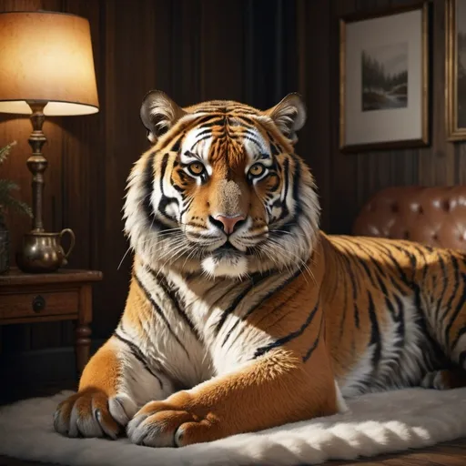 Prompt: Realistic tiger in a Finnish room, detailed fur with rich texture, highres, realistic, detailed fur, Finnish setting, professional, atmospheric lighting, cozy atmosphere