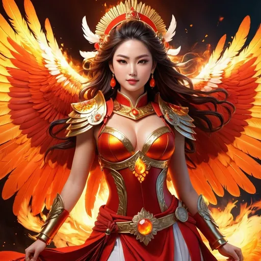 Prompt: Majestic Japanese goddess of fire, fiery armor, intense and powerful, vibrant colors, high quality, digital painting, fiery and passionate, detailed feathers, strong and confident stance, mythical and regal, glowing embers, dynamic lighting, professional, fiery reds, oranges, yellows, vibrant lighting, goddess, fire, powerful, intense, fiery wings, regal, vibrant colors, digital painting, detailed feathers, confident stance, mythical, dynamic lighting