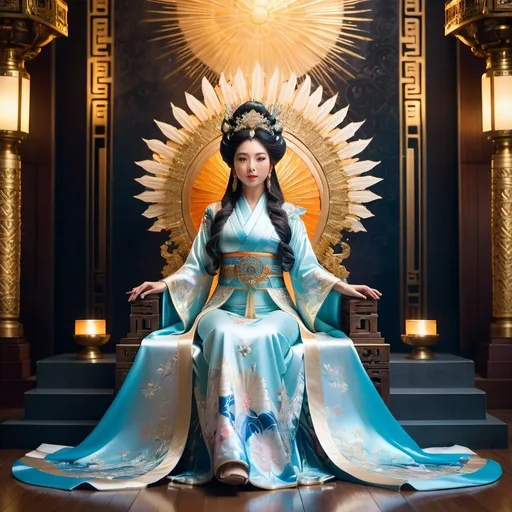 Prompt: Full body Japanese goddess, radiant and awe-inspiring, otherworldly beauty, detailed attire, in throne room, highres, ultra-detailed, ethereal, traditional, detailed patterns, flowing gown, divine aura, glowing presence, ornate accessories, serene setting, sitting in throne 