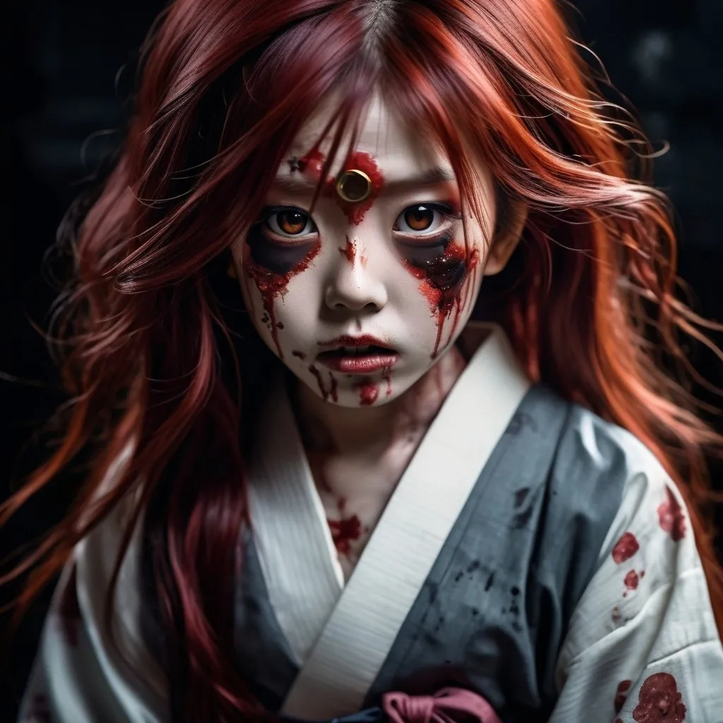 Prompt: 5 year old Japanese female transforming into a zombie, long red hair, detailed zombie transformation, horror, highres, detailed, anime, dark tones, hair transformation, zombie eyes, traditional Japanese setting, supernatural, intense lighting