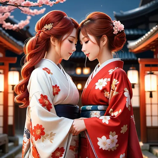 Prompt: Realistic full-body illustration of two Japanese girls in a  romantic date setting, long red hair, traditional kimono attire,  soft and warm lighting, high-quality, realistic, detailed hair, traditional, romantic, warm tones, professional, artistic rendering, kissing, holing hands