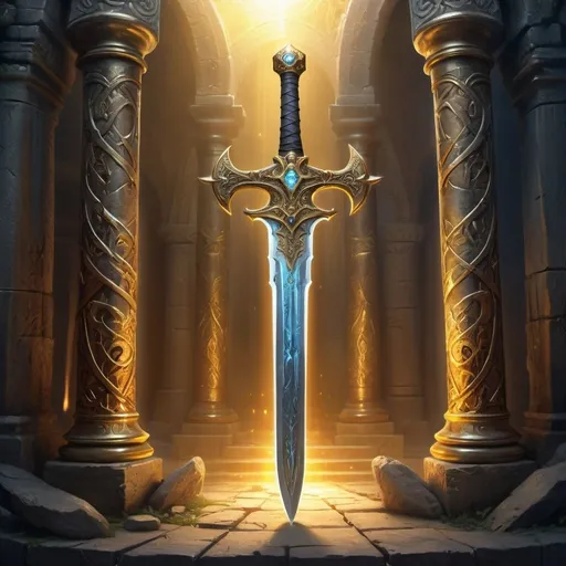 Prompt: High-quality, detailed illustration of the sword The Throngler, mythical weapon, ancient runes, intricate engravings, ethereal glow, fantasy art, detailed hilt and guard, glowing golden aura, intense and dramatic lighting, epic, ultra-detailed, fantasy, ancient, magical, intricate details, radiant golden aura, ethereal, professional craftsmanship, in anchient ruins, lich in background
