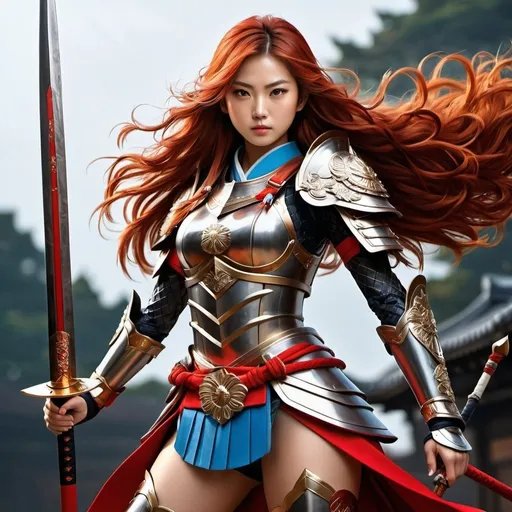 Prompt: Realistic full-body illustration of a Japanese girl with a legendary spear, wearing a legendary armor, no helmet, high quality, detailed, realistic, Japanese, legendary, armor, sword, shield, traditional, fierce expression, intricate design, historical, detailed armor, heroic pose, dramatic lighting, red long hair