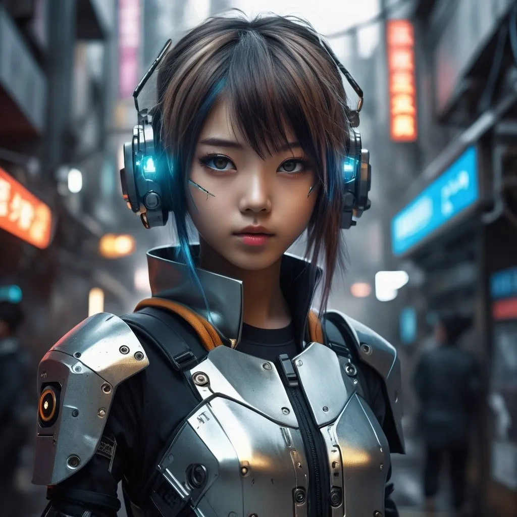 Prompt: High-res digital painting, 5-years-old Japanese cybernetic female, metallic finish on limbs, post-apocalyptic urban setting, detailed facial features, futuristic anime style, cool tones, atmospheric lighting, detailed background, ultra-detailed, cyberpunk, sci-fi, futuristic, metallic limbs, anime, post-apocalyptic, detailed eyes, professional, urban setting