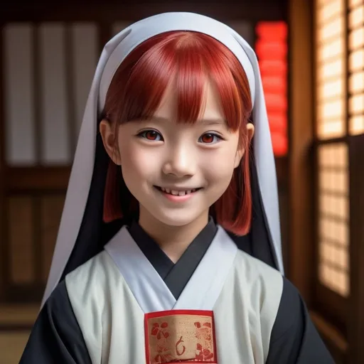Prompt: Full body Japanese 8-year-old girl, bright red hair, traditional nun's outfit, realistic, red eyes, detailed, traditional style, vibrant colors, soft lighting, high quality, genuine smile