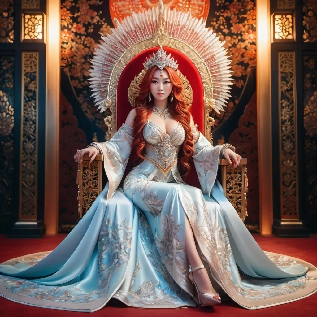 Prompt: Full body Japanese goddess, radiant and awe-inspiring, otherworldly beauty, detailed attire, in throne room, highres, ultra-detailed, ethereal, traditional, detailed patterns, flowing gown, divine aura, glowing presence, ornate accessories, tiara with large diamond, sitting in throne, long red hair