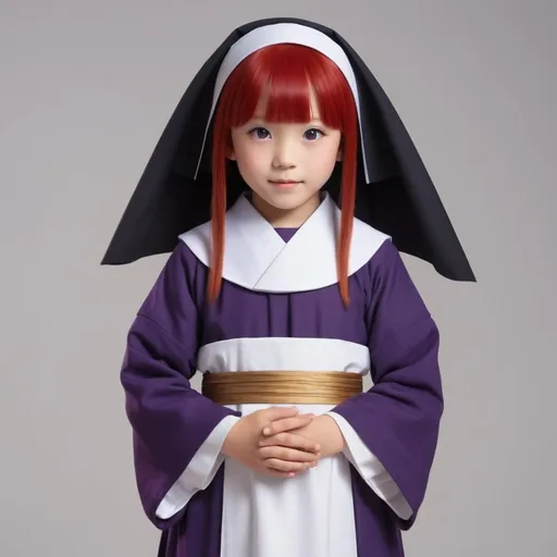 Prompt: Full body Japanese 8-year-old girl, bright red hair, traditional nun's outfit, realistic, purple eyes, detailed, traditional style, vibrant colors, soft lighting, high quality