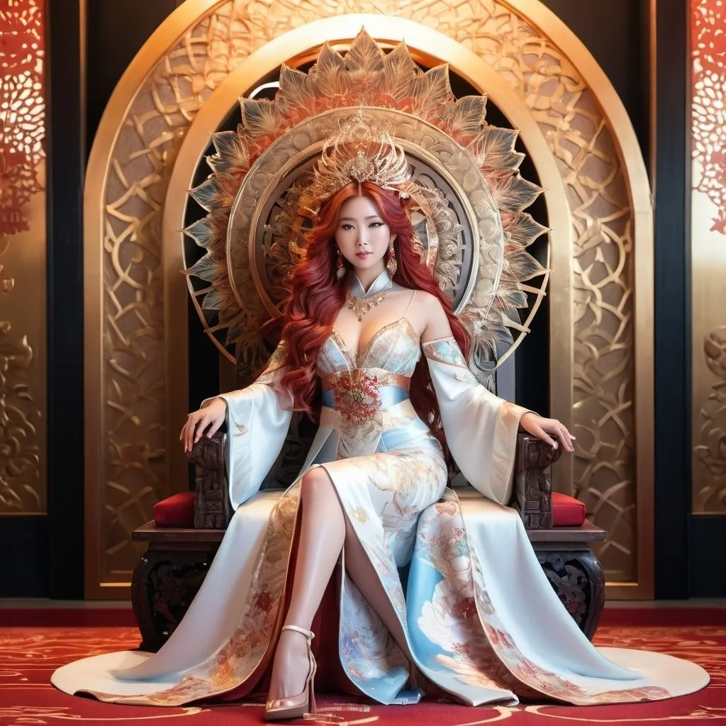 Prompt: Full body Japanese goddess, radiant and awe-inspiring, otherworldly beauty, detailed attire, in throne room, highres, ultra-detailed, ethereal, traditional, detailed patterns, flowing gown, divine aura, glowing presence, ornate accessories, serene setting, sitting in throne, long red hair