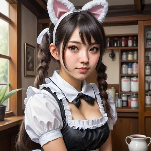 Prompt: Japanese girl with dog tail and ears  realistic painting, french maid uniform, maid cafe