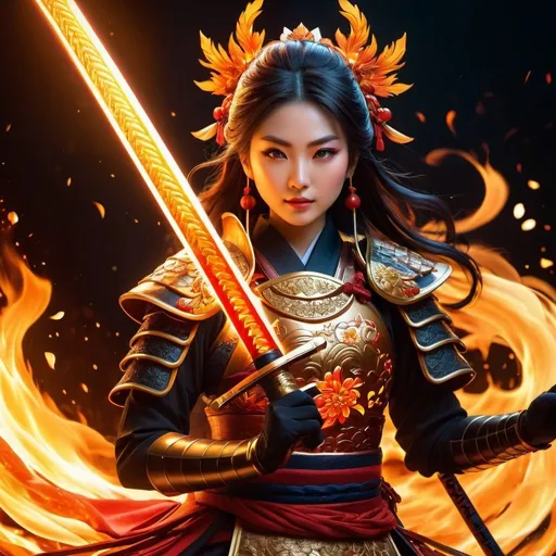 Prompt: Majestic Japanese goddess of fire, fiery armor, fiery sword, traditional art style, intense and vibrant, detailed katana, glowing embers, mythical atmosphere, 4k, vibrant colors, traditional, intricate details, fiery aura, goddess, regal pose, dynamic composition, expertly crafted, atmospheric lighting