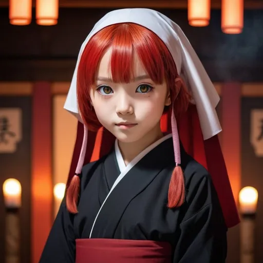 Prompt: Full body Japanese 8-year-old girl, bright red hair, traditional nun's outfit, anime, detailed eyes, traditional style, vibrant colors, highres, anime style, warm lighting