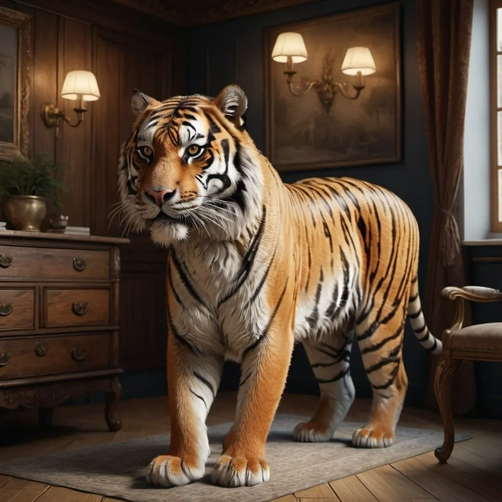 Prompt: Realistic Tiger walking in Finnish room, detailed fur with rich texture, traditional Finnish setting, realistic, high quality, detailed, tiger, Finnish room, traditional, rich texture, detailed fur, realistic, atmospheric lighting