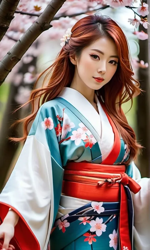 Prompt: Japanese girl in a kimono, serene forest setting, full-body shot, long red hair, open eyes, detailed, traditional Japanese art style, vibrant colors, peaceful atmosphere, cherry blossom trees, elegant pose, long flowing sleeves, serene expression, atmospheric lighting, professional, too small clothing